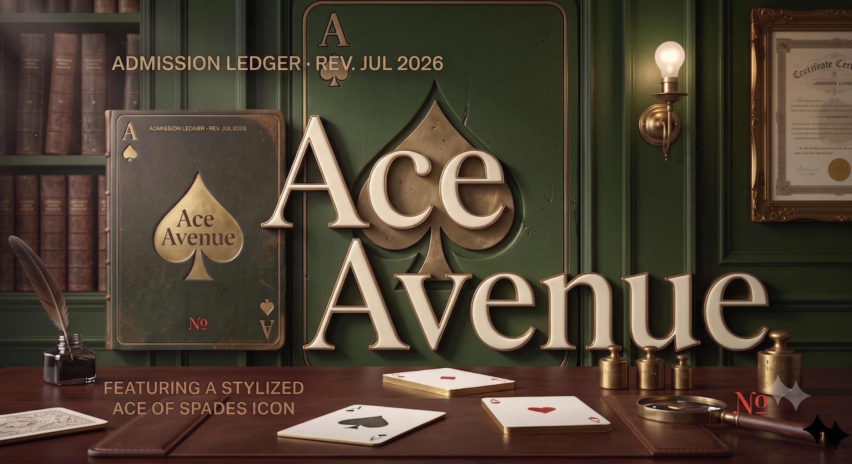 Ace Avenue — Admission Ledger, Rev. July 2026. A leather ace-of-spades ledger book on a study desk with playing cards, an inkwell, and a certificate on the wall.